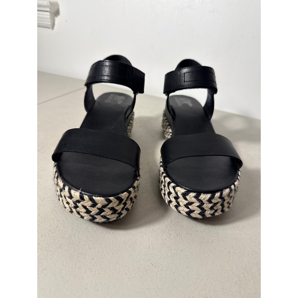 Sorel Cameron Flatform Sandals Black Leather Espadrille Chevron Platform Women